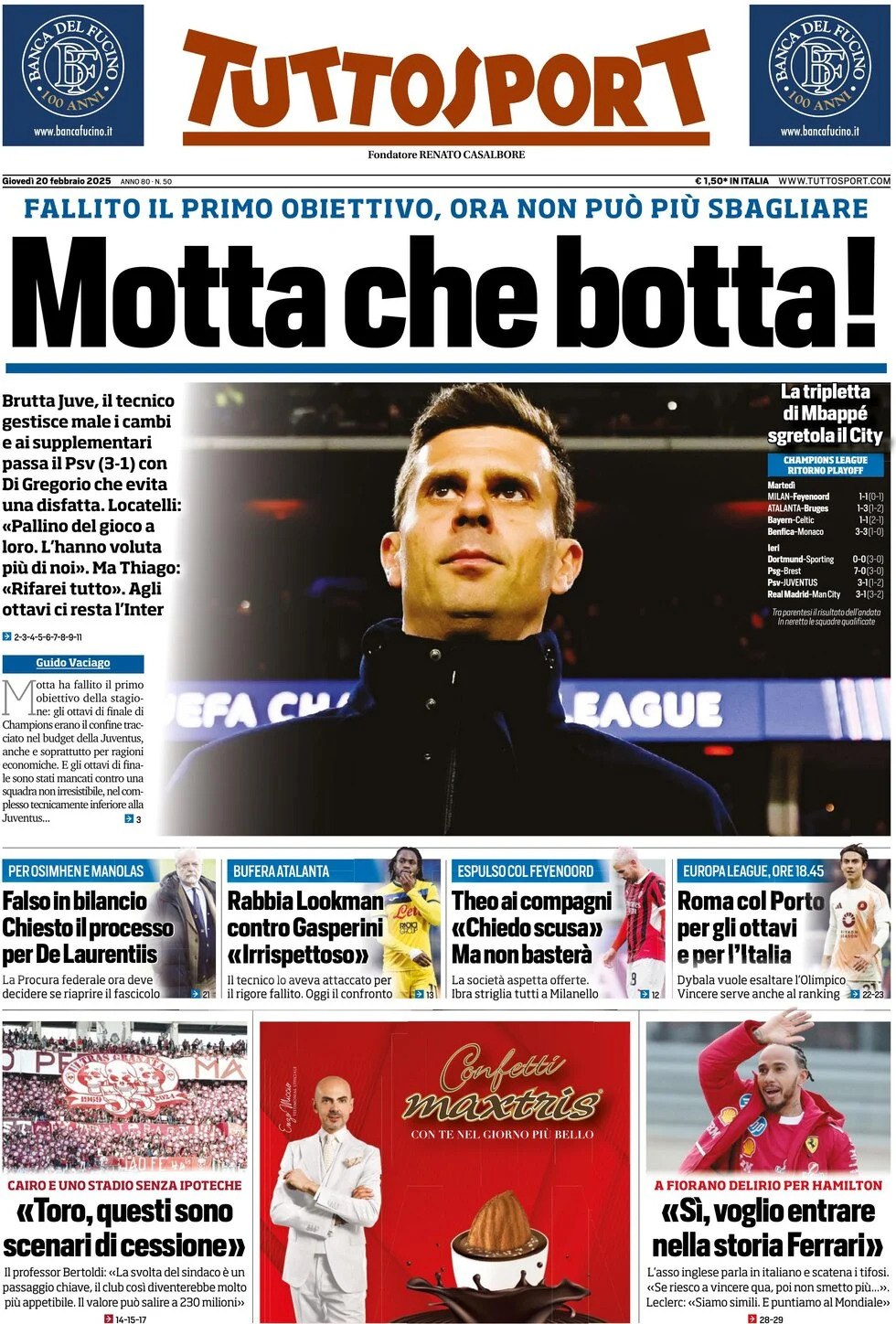 anteprima della prima pagina di tuttosport del 20/02/2025