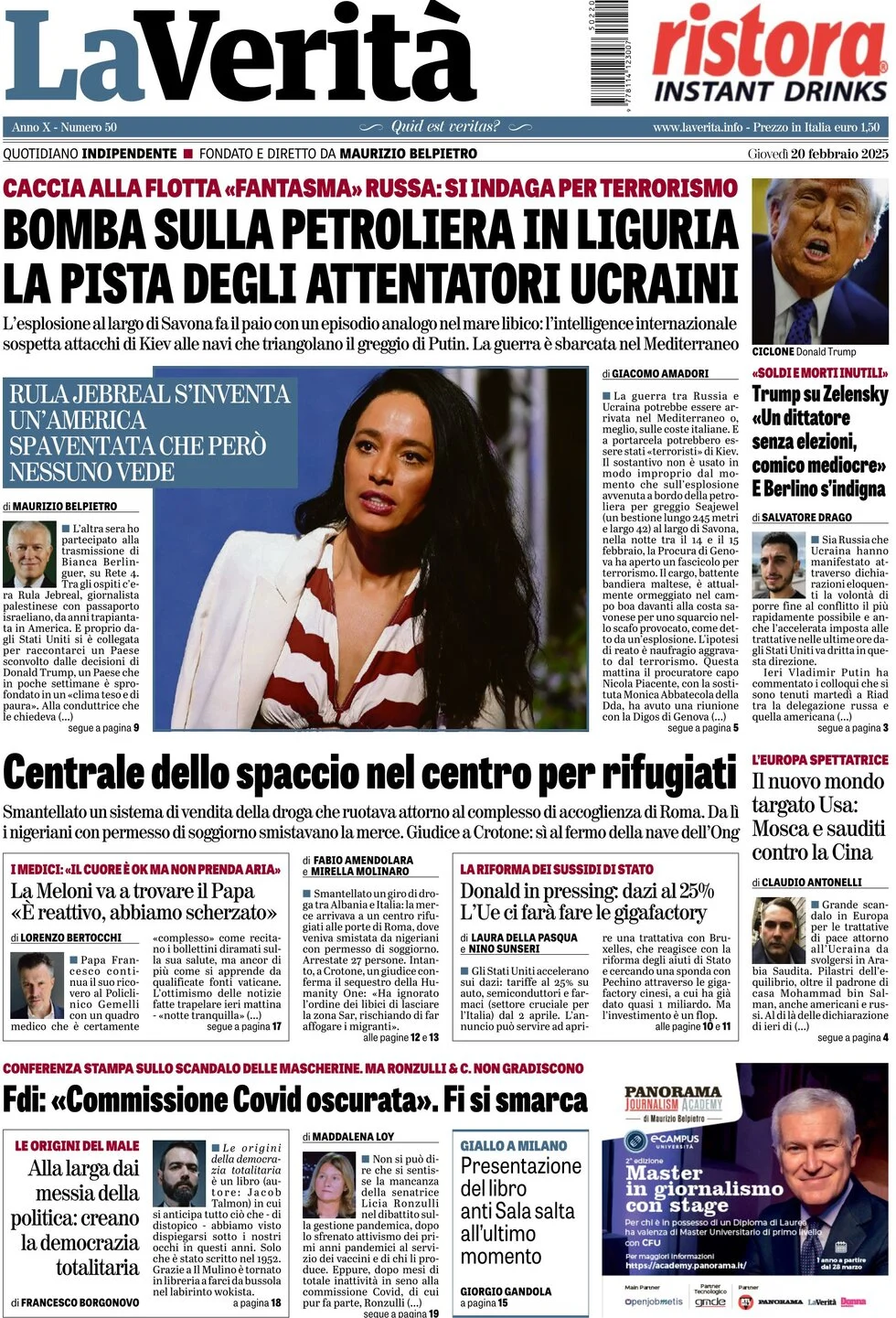 anteprima della prima pagina di la-verit del 20/02/2025