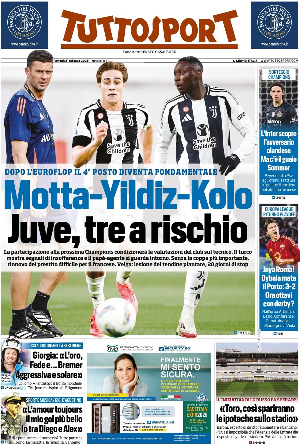 anteprima della prima pagina di tuttosport del 21/02/2025