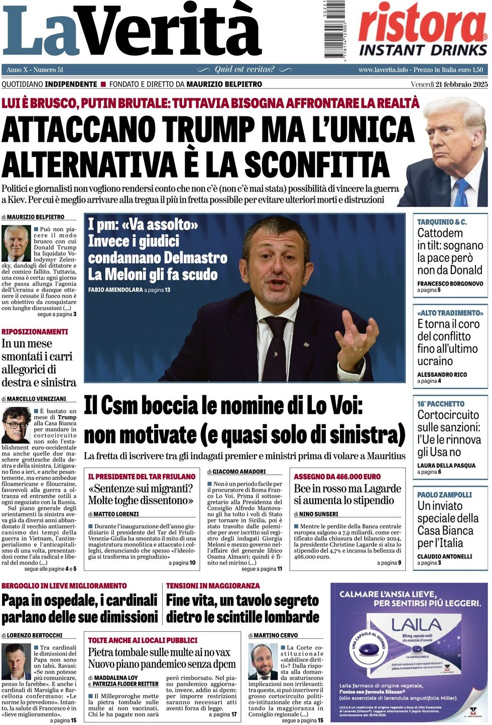 anteprima della prima pagina di la-verit del 21/02/2025