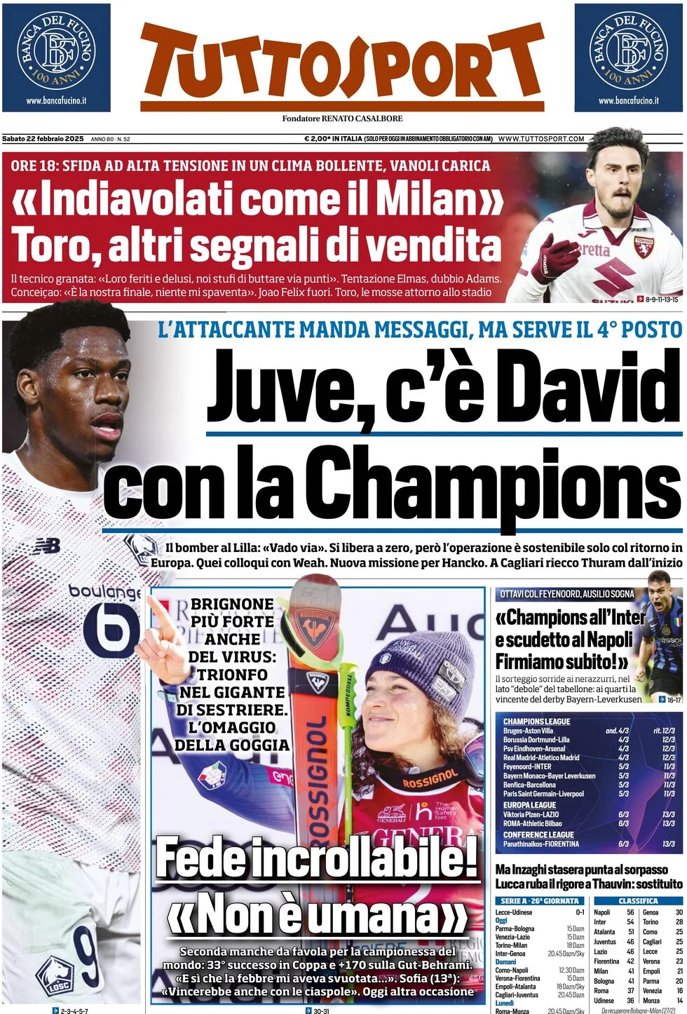 anteprima della prima pagina di tuttosport del 22/02/2025