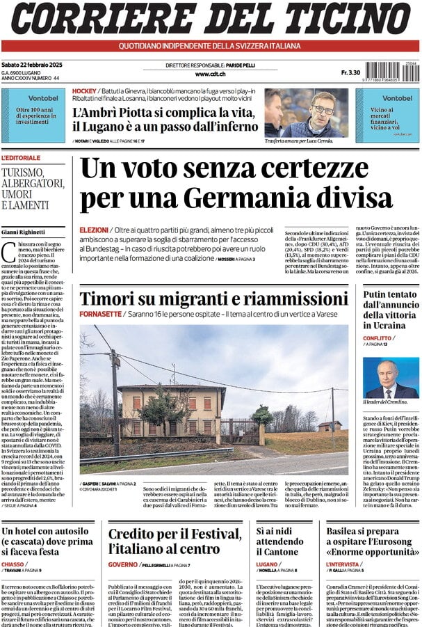 anteprima della prima pagina di corriere-del-ticino del 22/02/2025