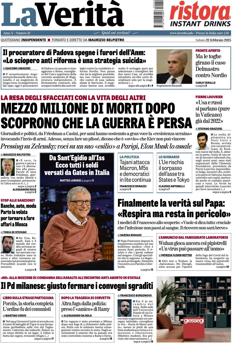 anteprima della prima pagina di la-verit del 22/02/2025