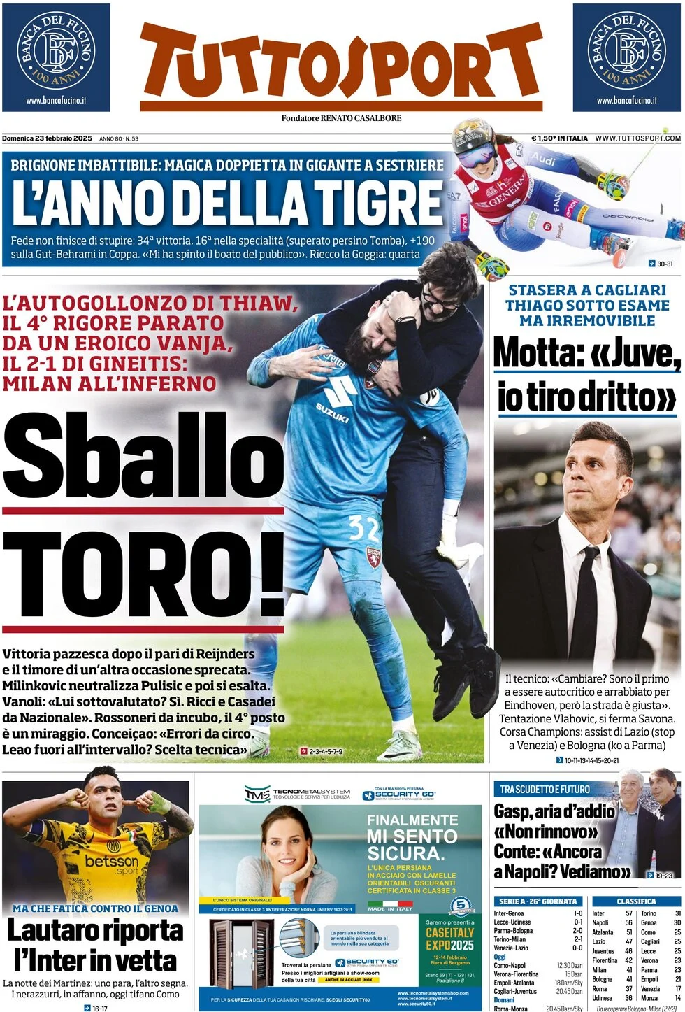 anteprima della prima pagina di tuttosport del 23/02/2025