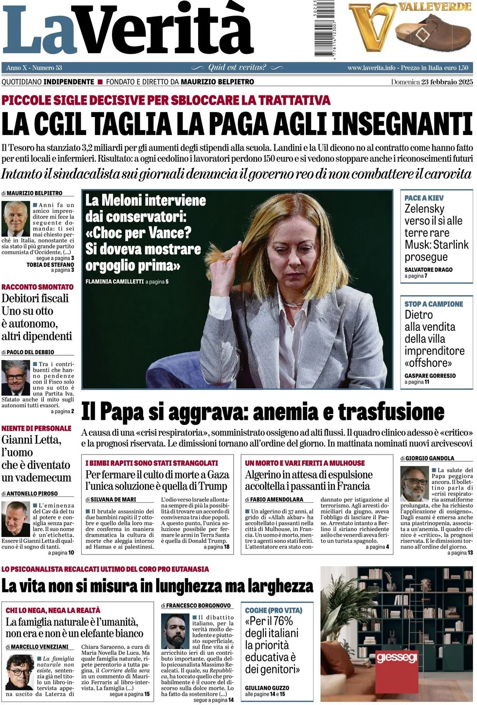 anteprima della prima pagina di la-verit del 23/02/2025