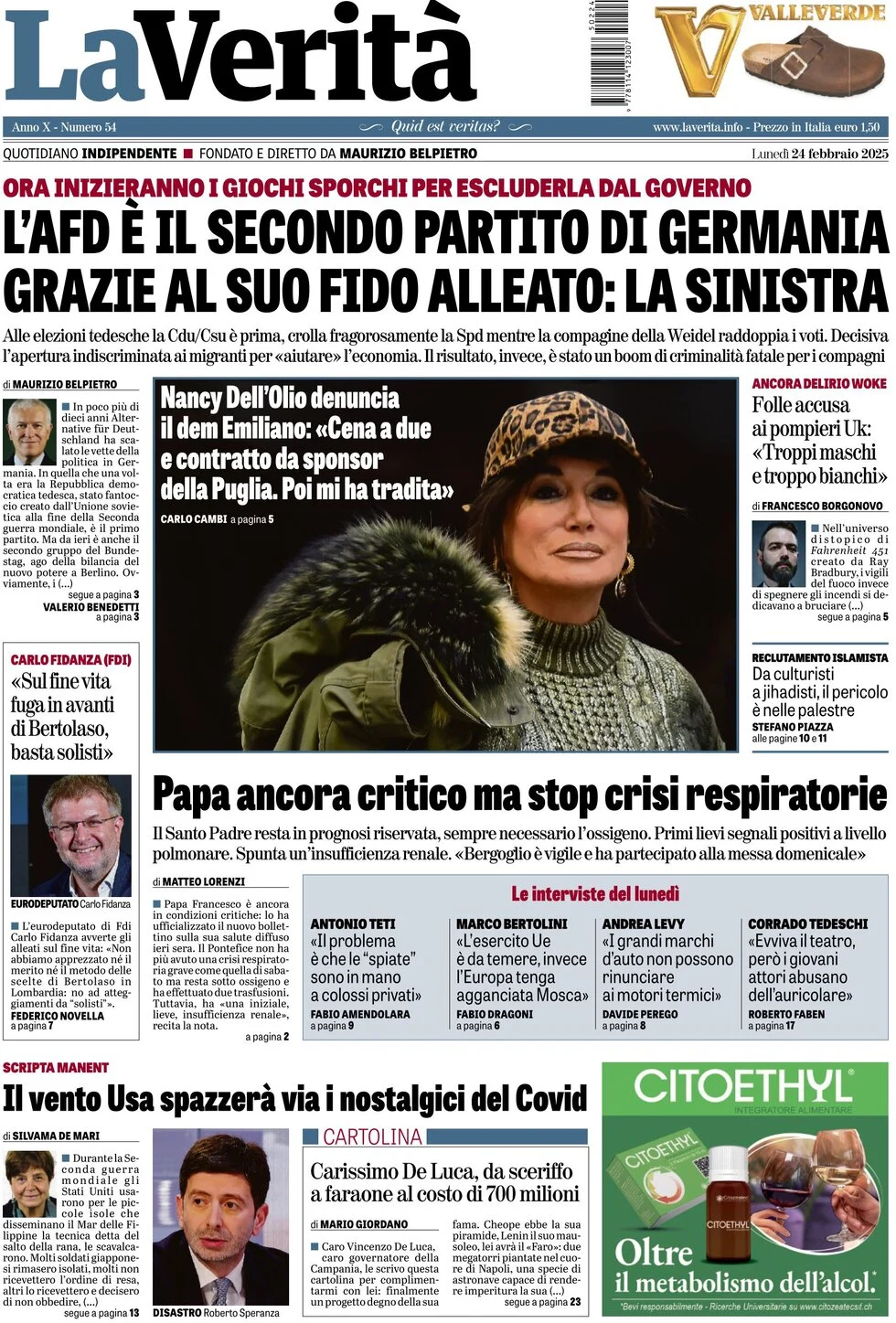 anteprima della prima pagina di la-verit del 24/02/2025