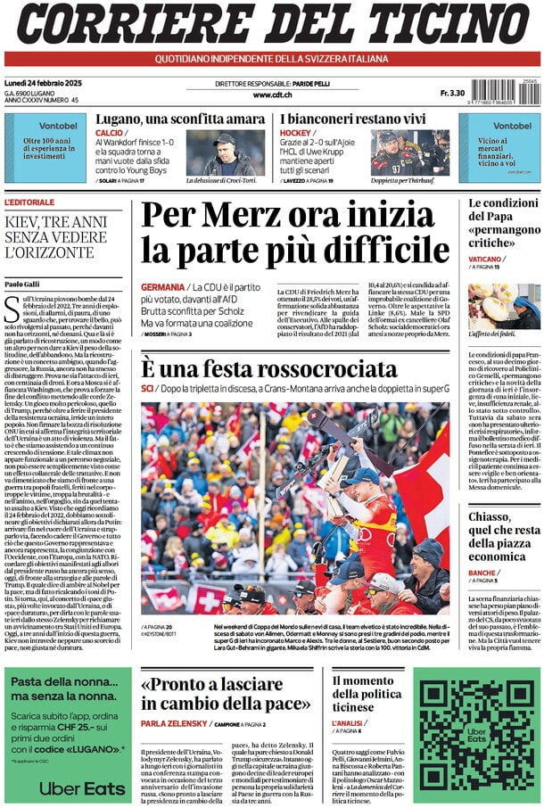 anteprima della prima pagina di corriere-del-ticino del 24/02/2025