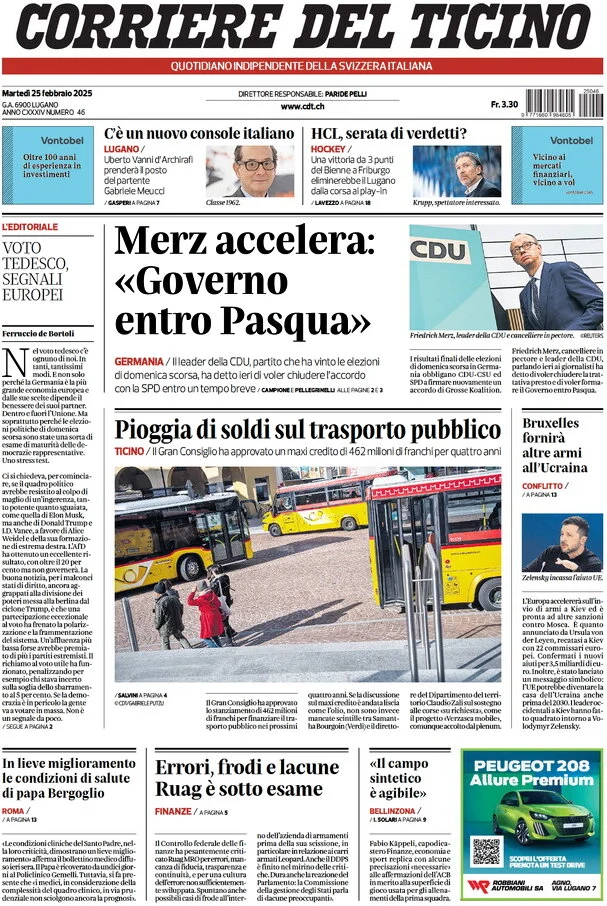 anteprima della prima pagina di corriere-del-ticino del 25/02/2025