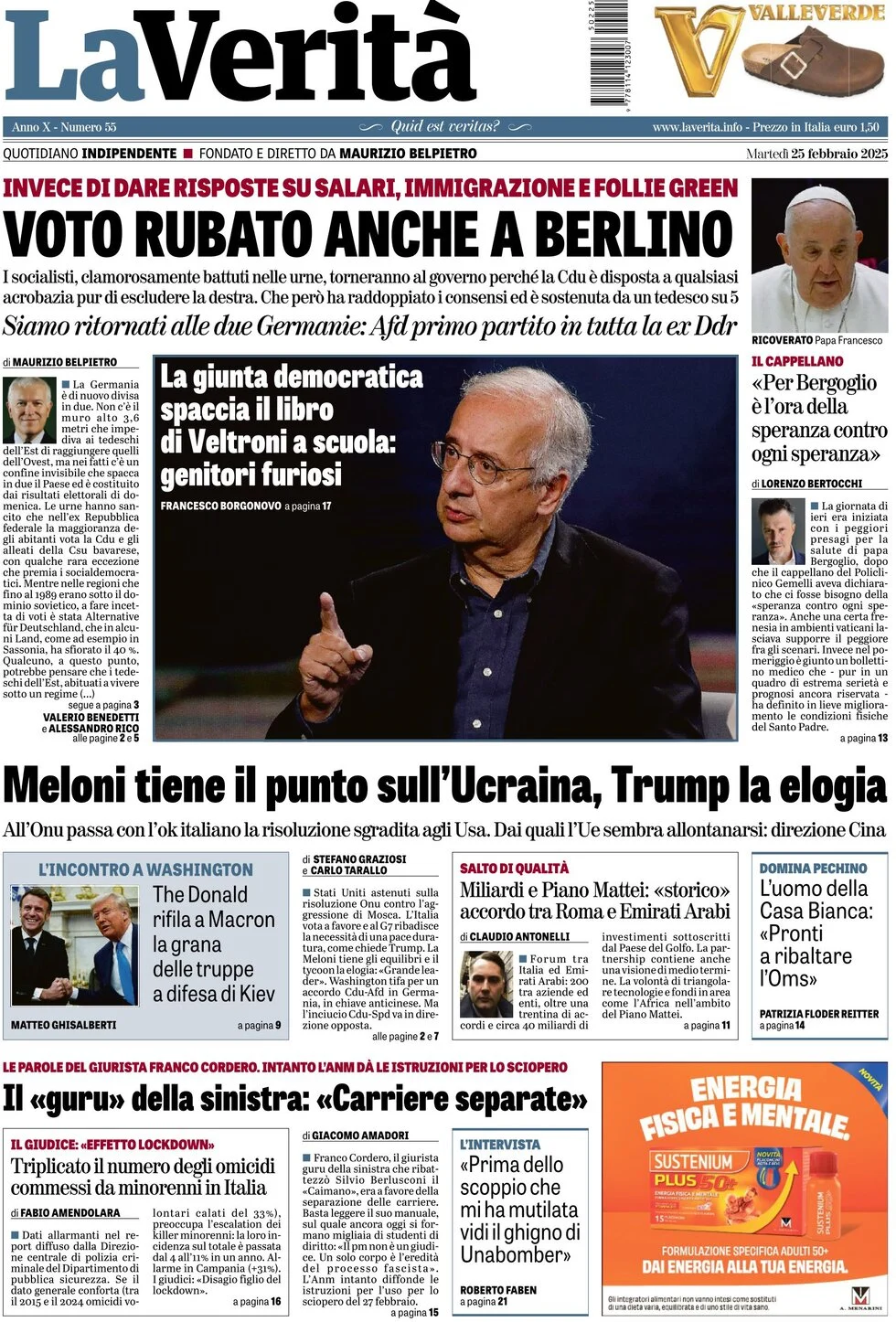 anteprima della prima pagina di la-verit del 25/02/2025