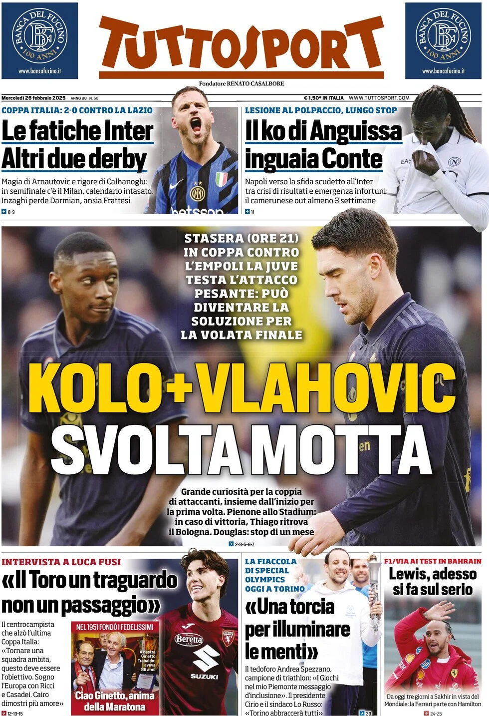 anteprima della prima pagina di tuttosport del 26/02/2025