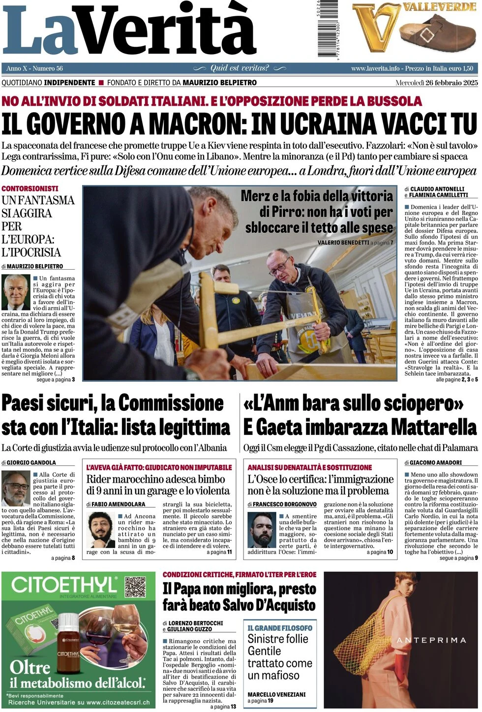 anteprima della prima pagina di la-verit del 26/02/2025