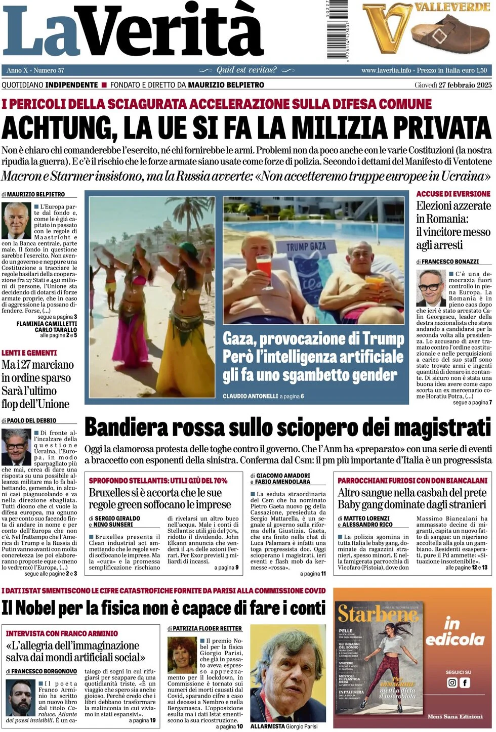 anteprima della prima pagina di la-verit del 27/02/2025