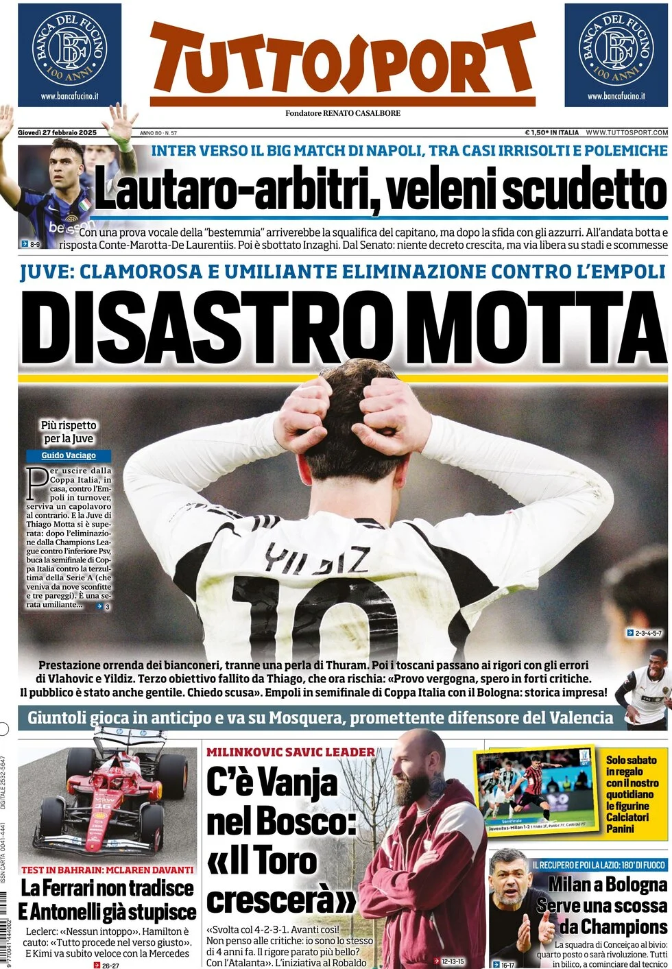 anteprima della prima pagina di tuttosport del 27/02/2025