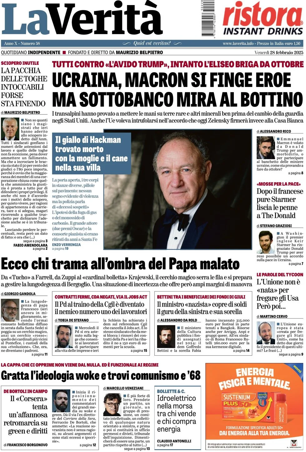 anteprima della prima pagina di la-verit del 28/02/2025