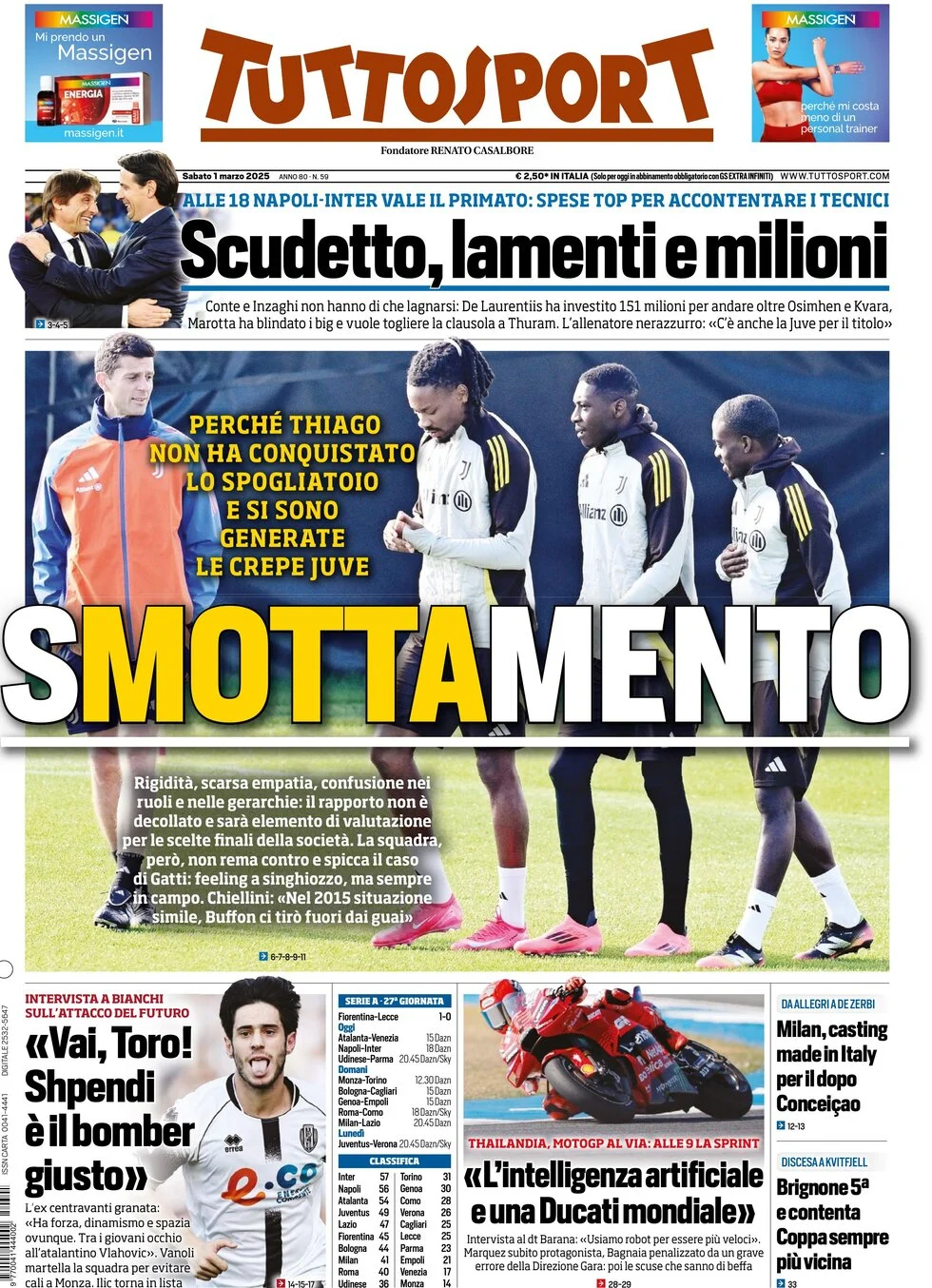 anteprima della prima pagina di tuttosport del 01/03/2025