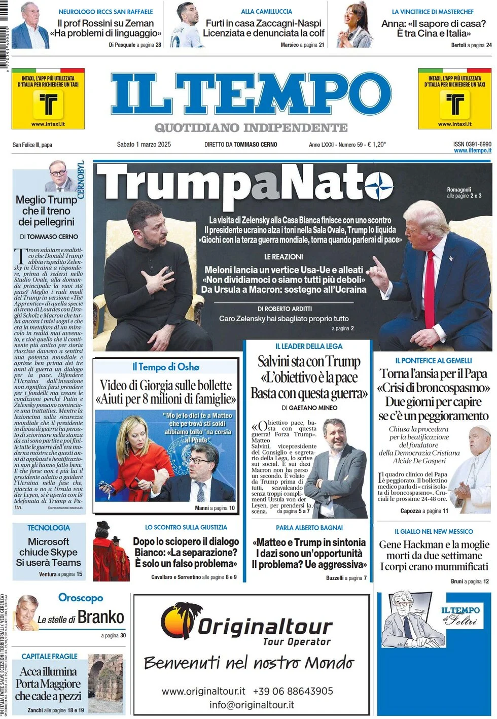 anteprima della prima pagina di il-tempo del 01/03/2025