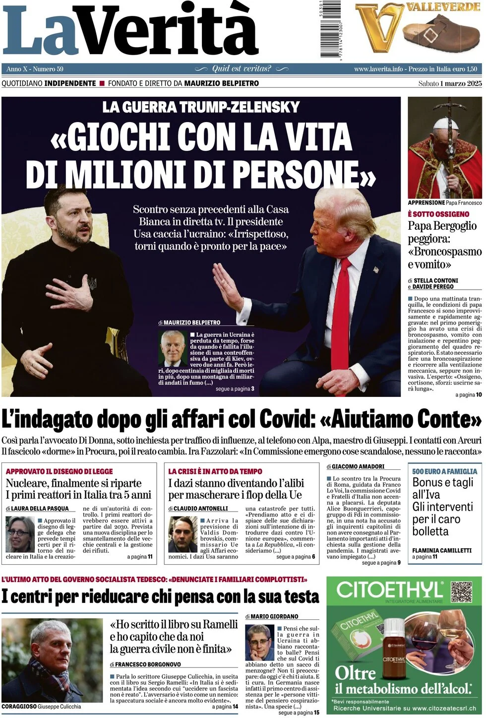 anteprima della prima pagina di la-verit del 01/03/2025