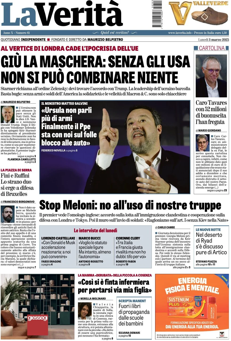 anteprima della prima pagina di la-verit del 03/03/2025