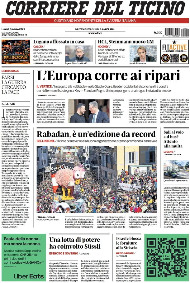 anteprima della prima pagina di Corriere del Ticino