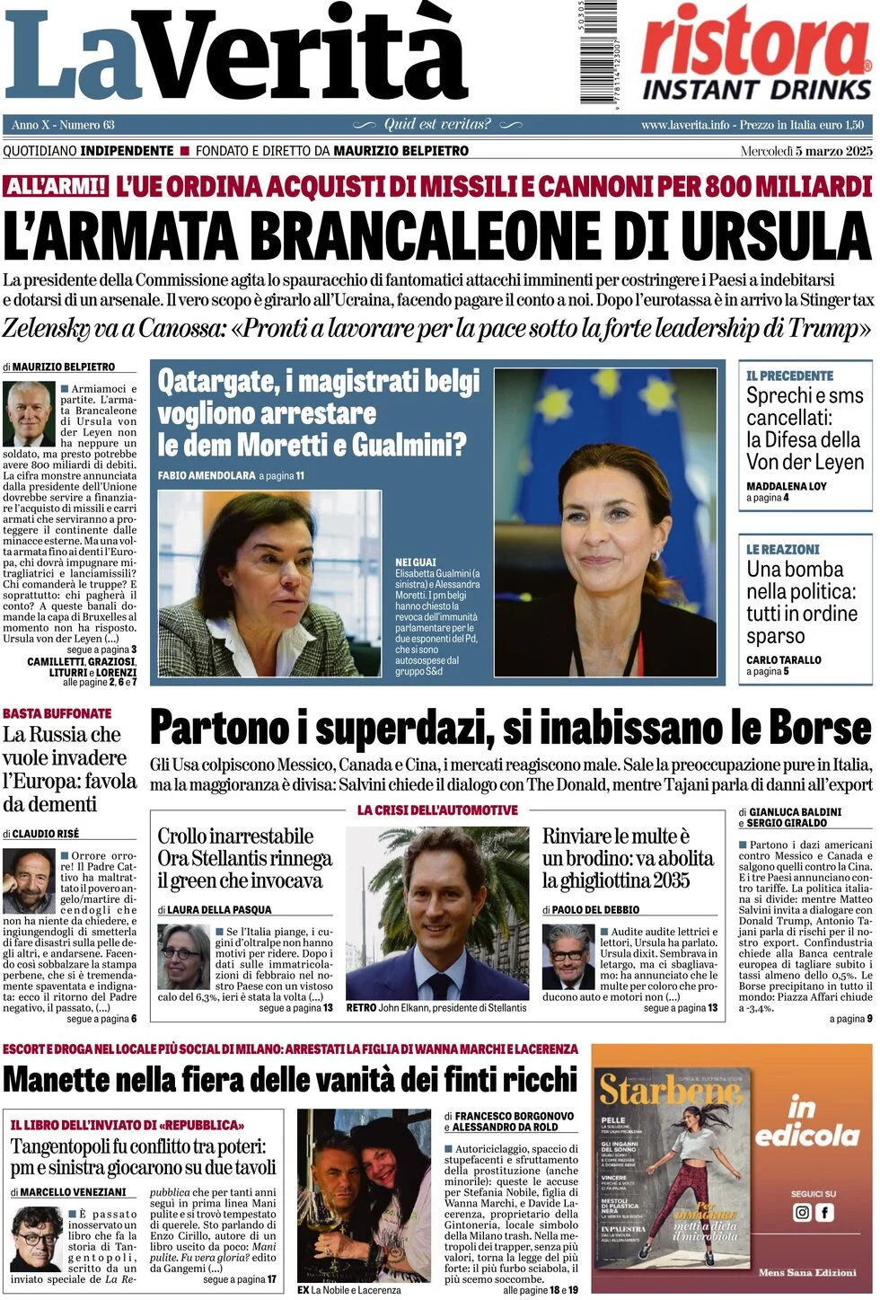 anteprima della prima pagina di la-verit del 05/03/2025