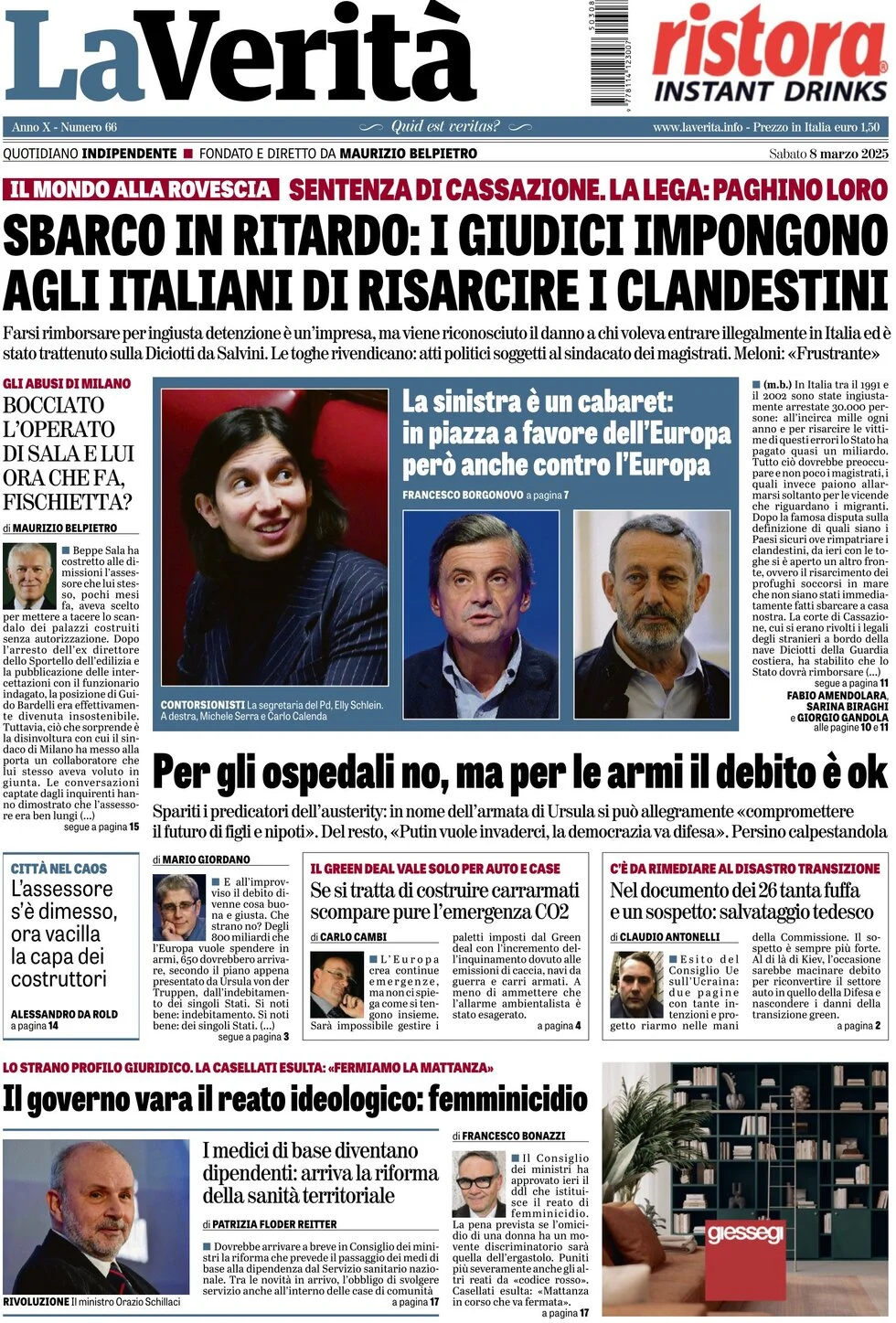 anteprima della prima pagina di la-verit del 08/03/2025