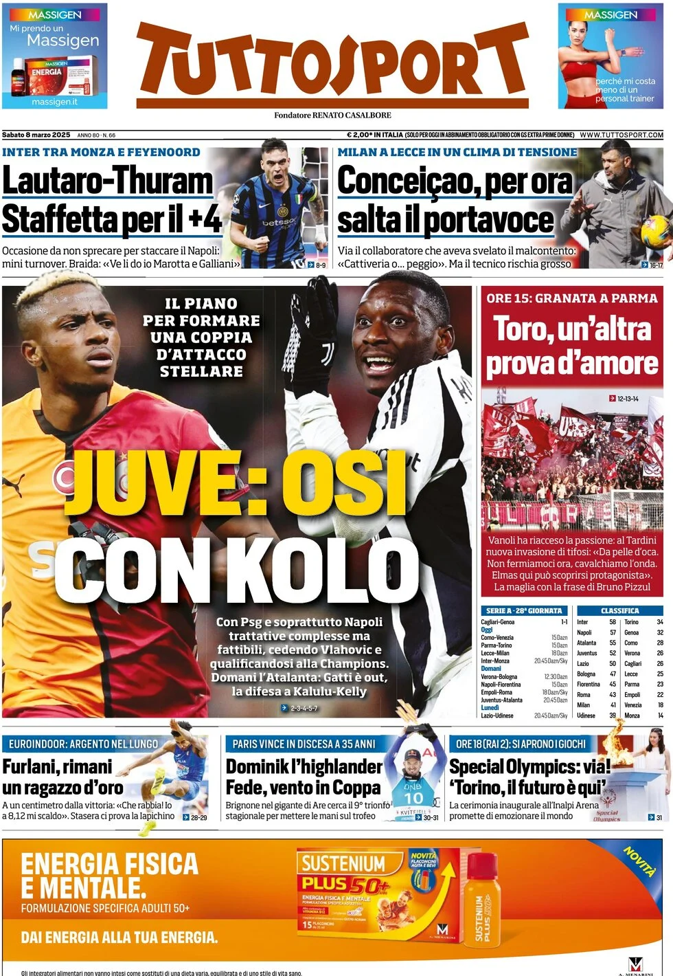 anteprima della prima pagina di tuttosport del 08/03/2025