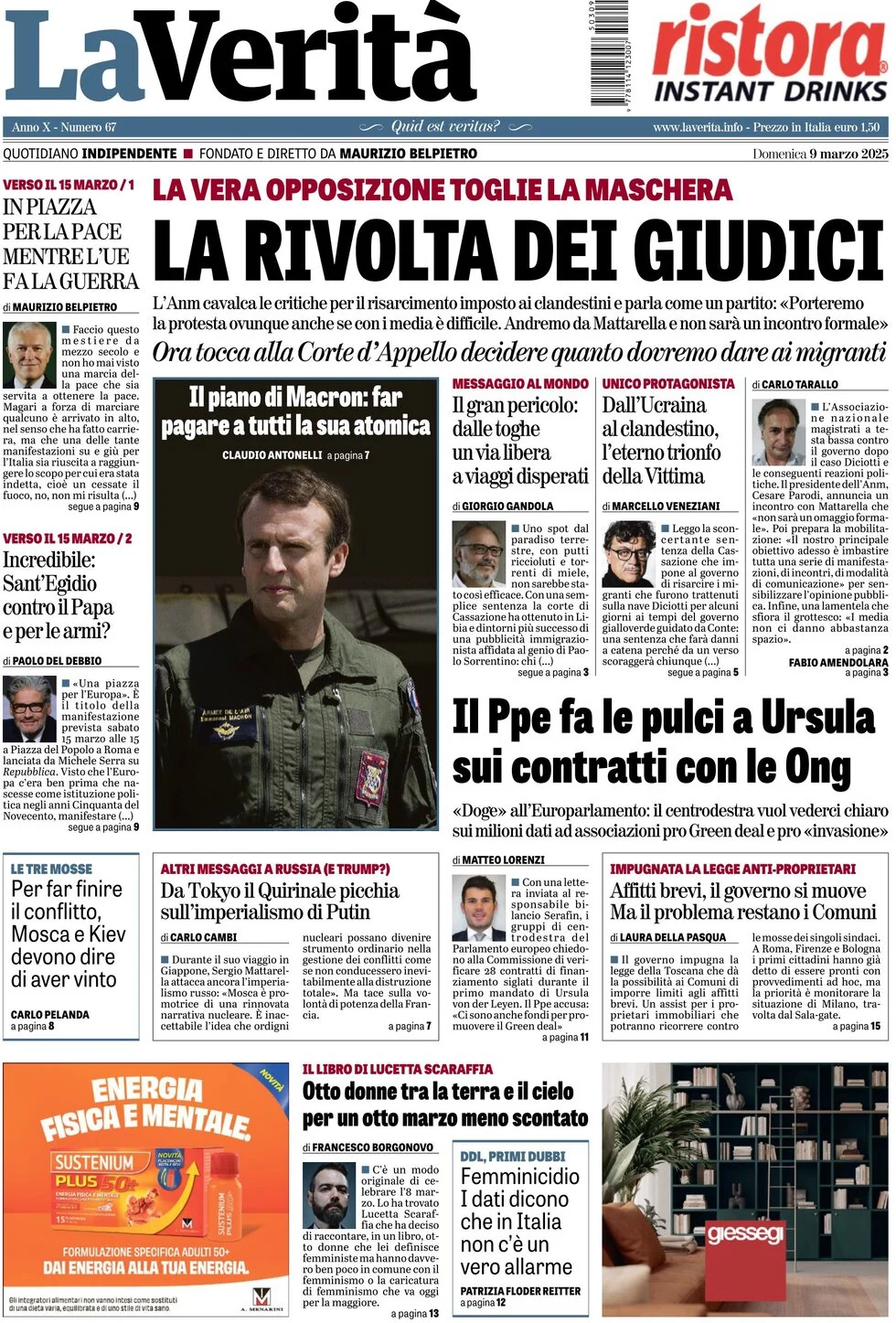 anteprima della prima pagina di la-verit del 09/03/2025