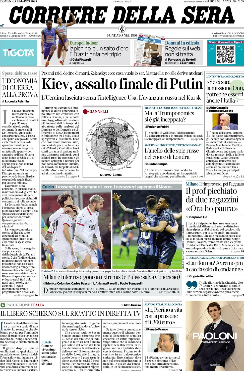 anteprima della prima pagina di corriere-della-sera del 09/03/2025