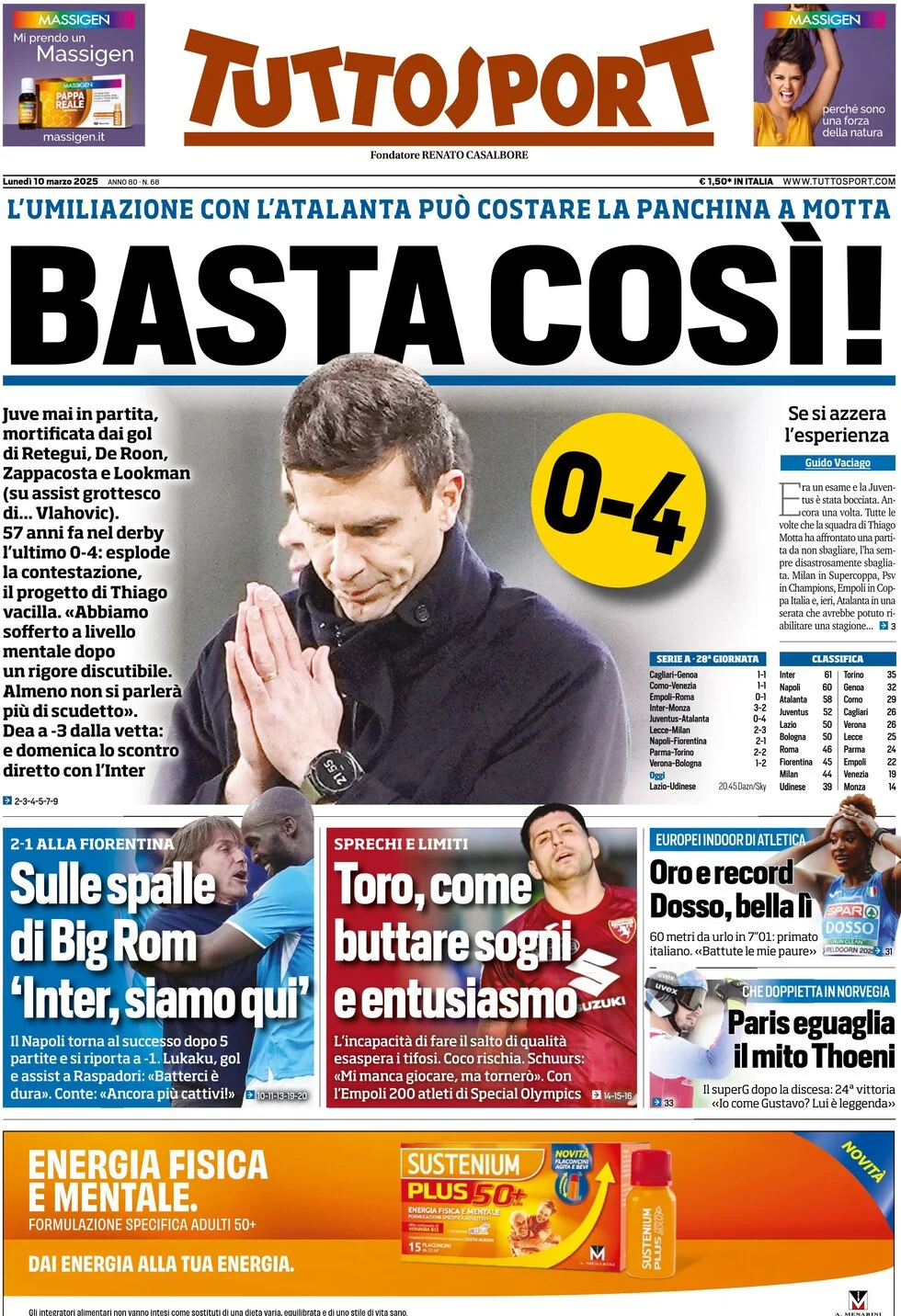 anteprima della prima pagina di tuttosport del 10/03/2025
