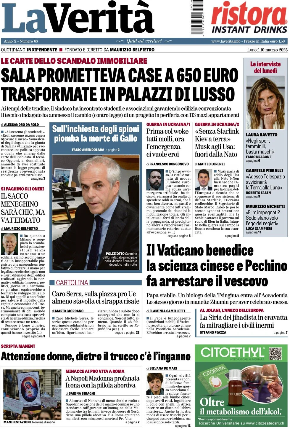 anteprima della prima pagina di la-verit del 10/03/2025
