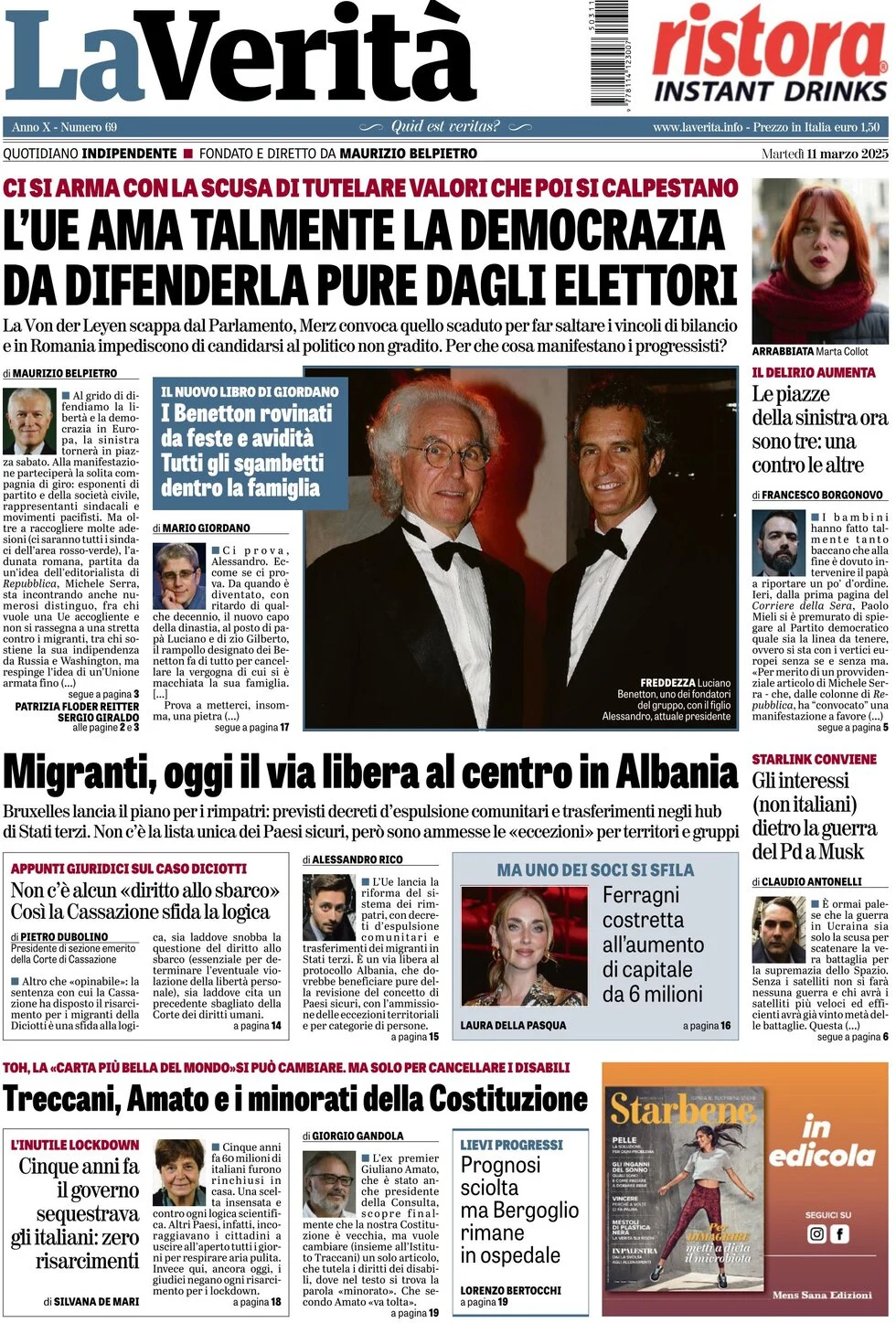 anteprima della prima pagina di la-verit del 11/03/2025