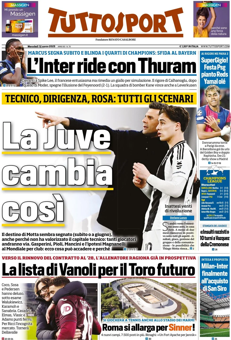 anteprima della prima pagina di tuttosport del 12/03/2025