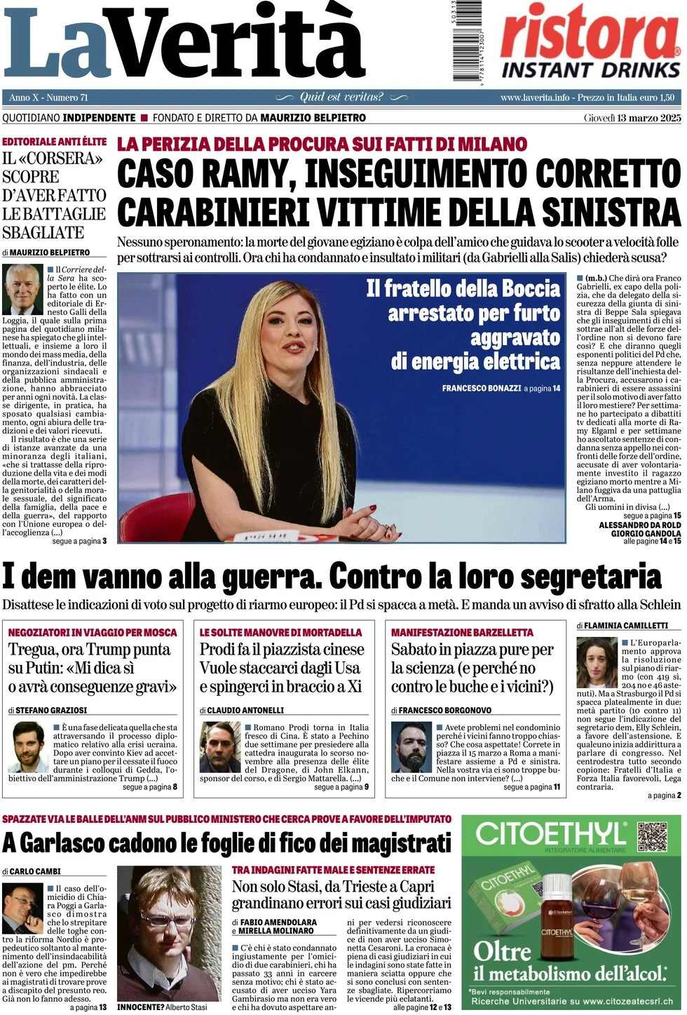 anteprima della prima pagina di la-verit del 13/03/2025