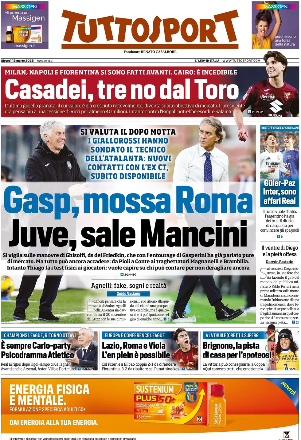 anteprima della prima pagina di tuttosport del 13/03/2025