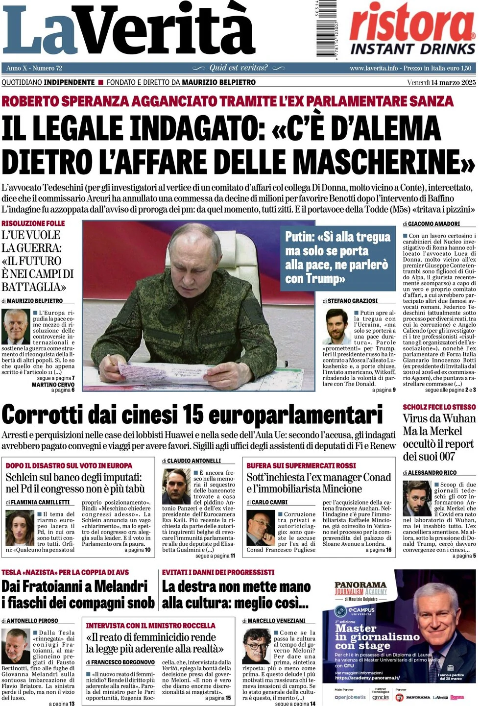 anteprima della prima pagina di la-verit del 14/03/2025