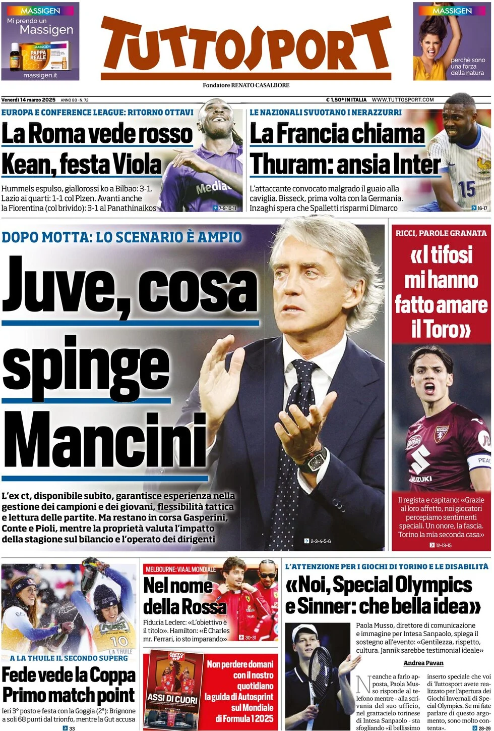 anteprima della prima pagina di tuttosport del 14/03/2025