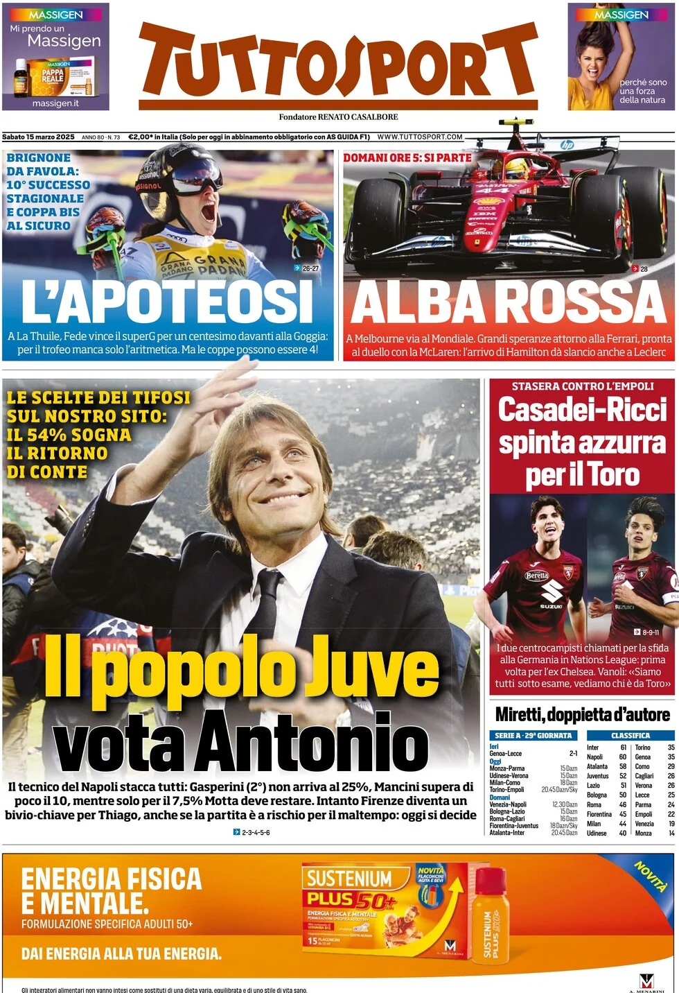 anteprima della prima pagina di tuttosport del 15/03/2025