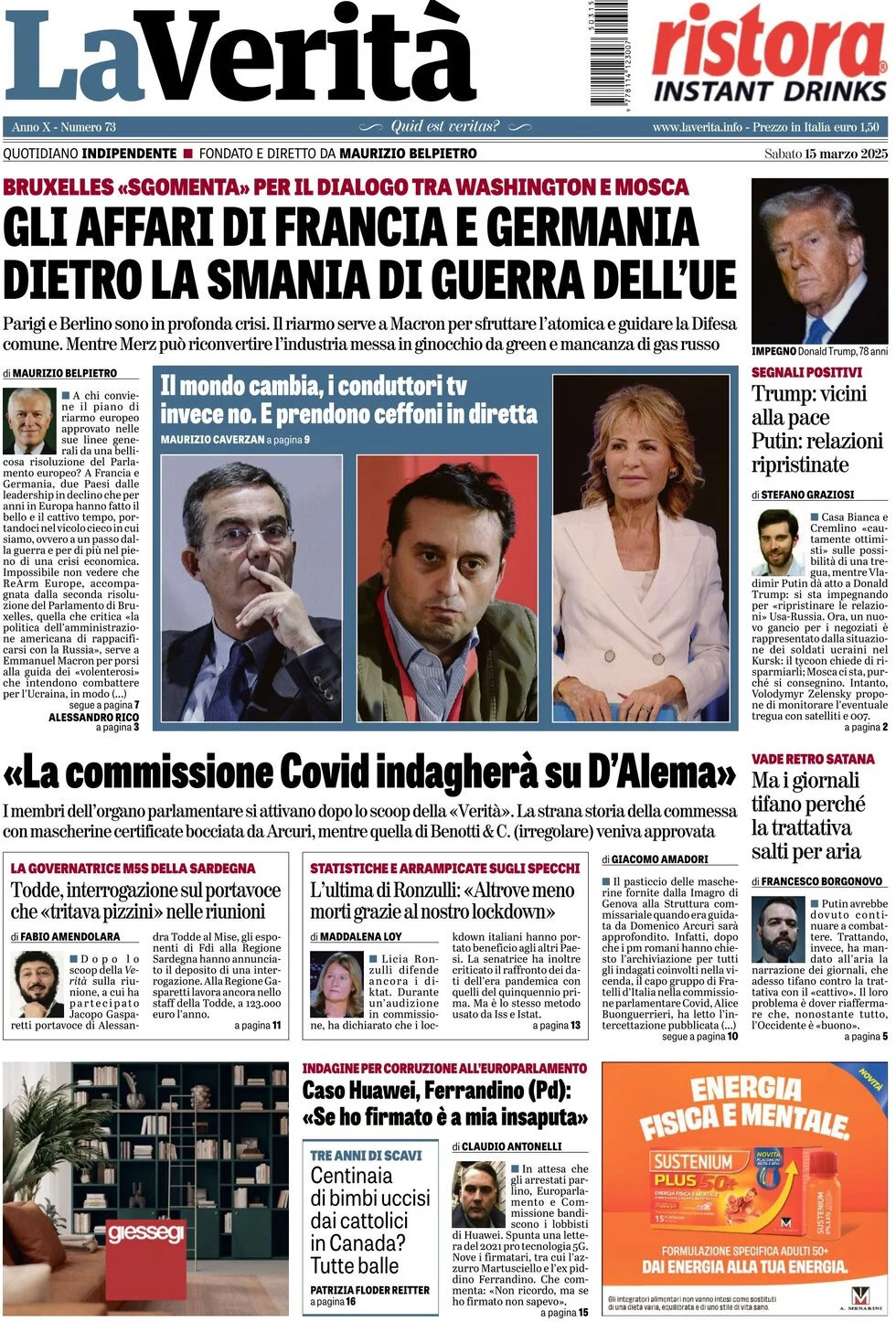 anteprima della prima pagina di la-verit del 15/03/2025