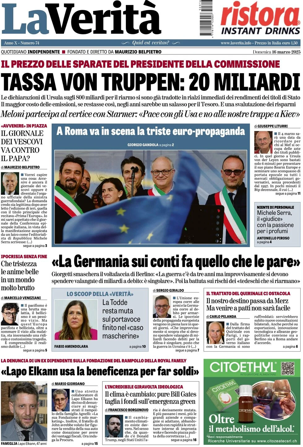 anteprima della prima pagina di la-verit del 16/03/2025