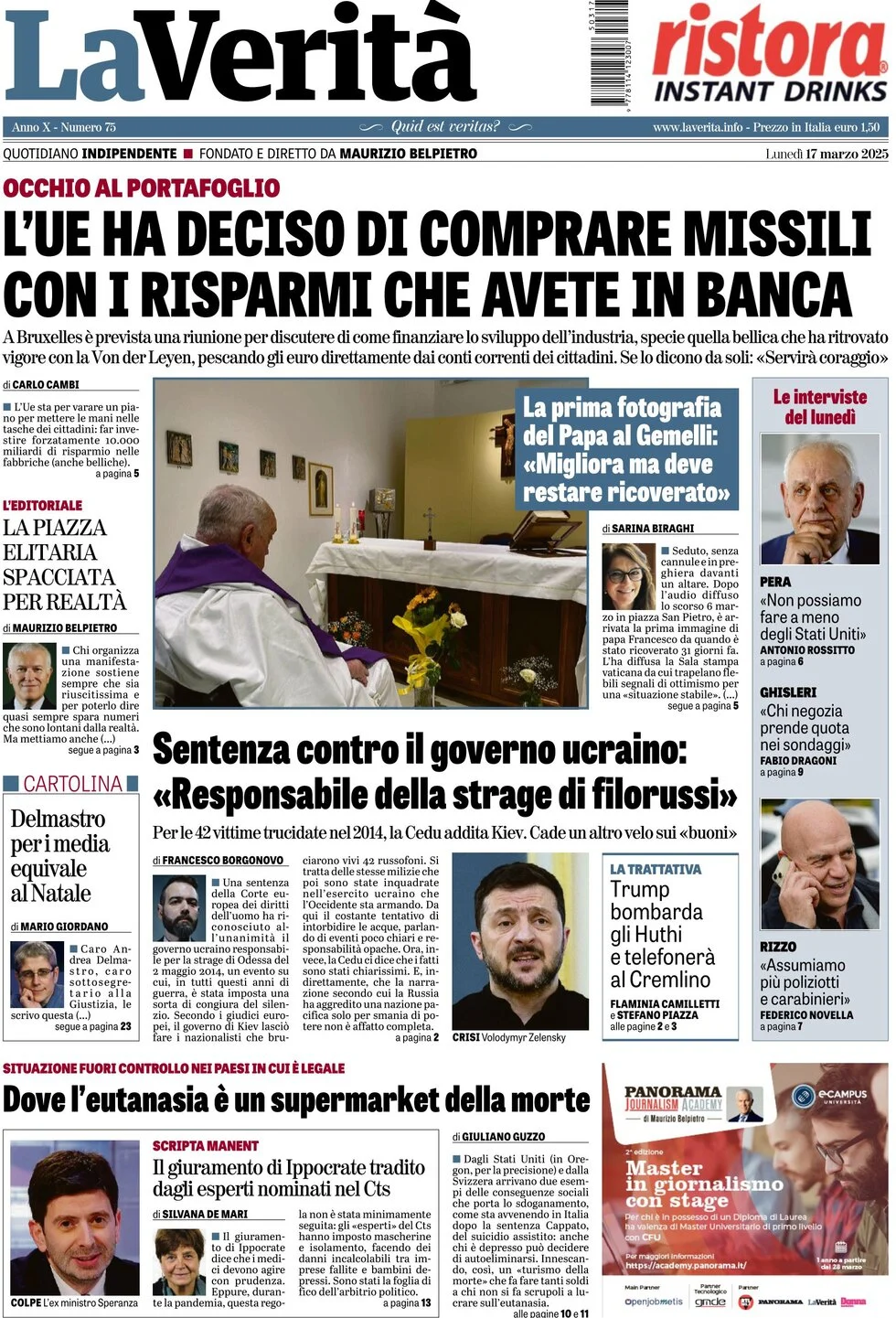 anteprima della prima pagina di la-verit del 17/03/2025