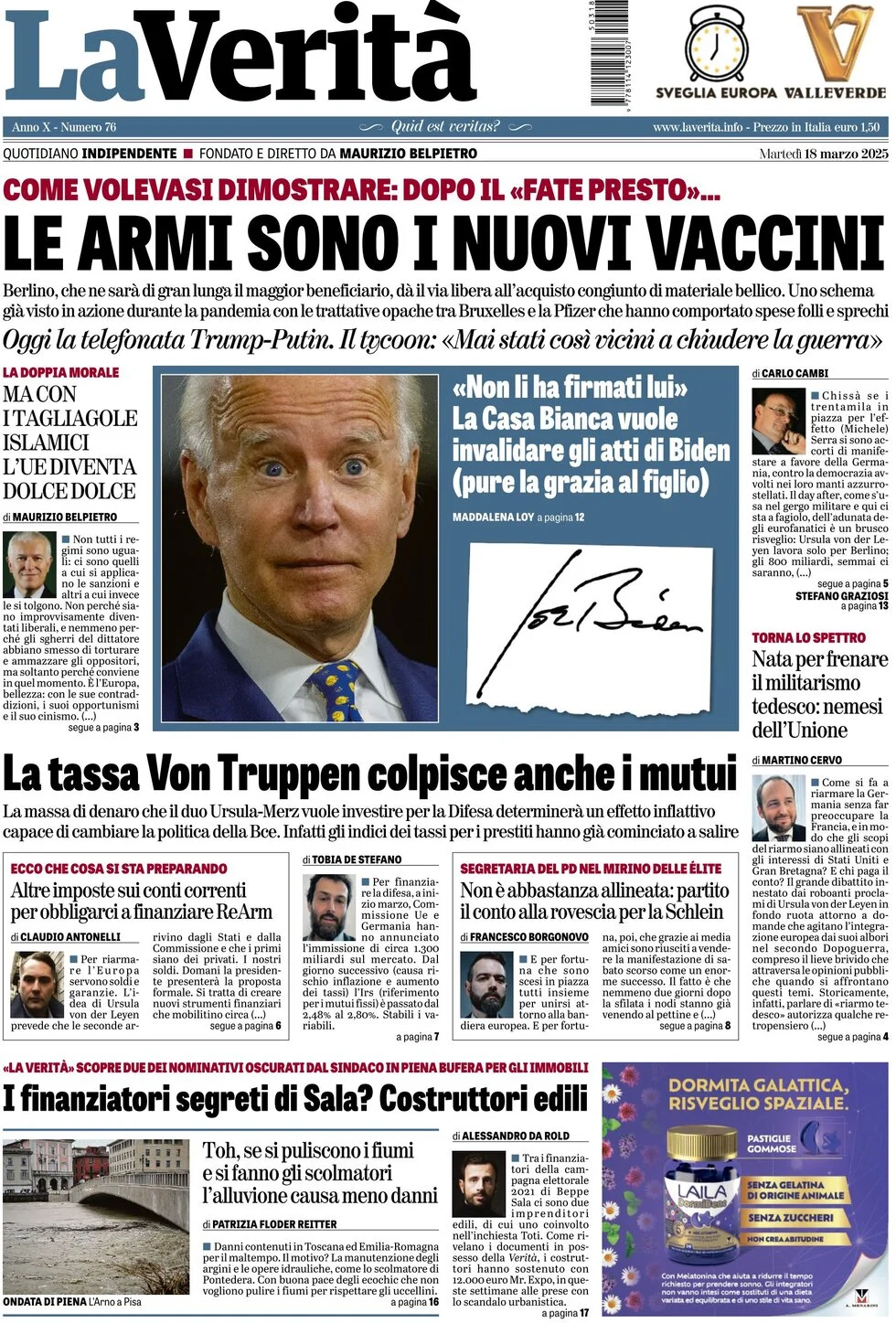 anteprima della prima pagina di la-verit del 18/03/2025