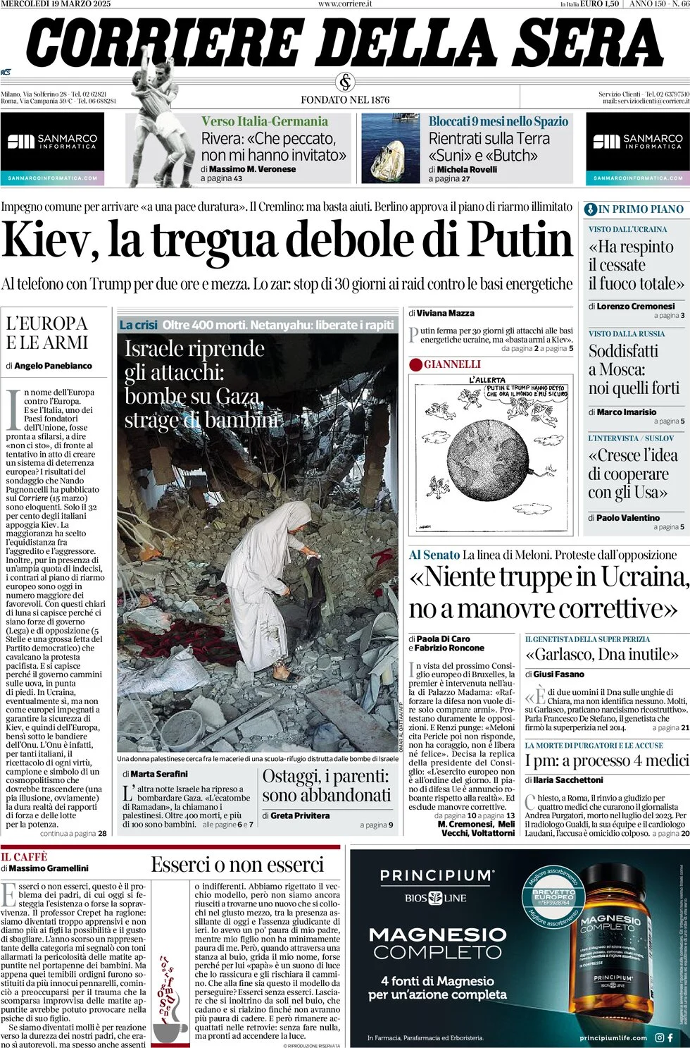 anteprima della prima pagina di corriere-della-sera del 19/03/2025
