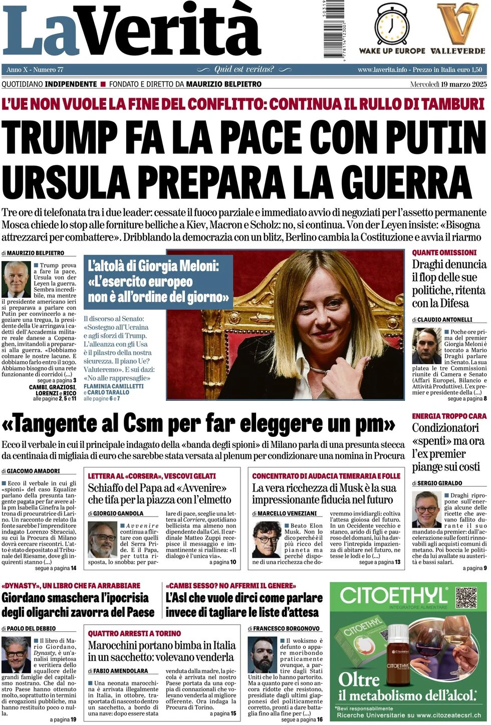 anteprima della prima pagina di la-verit del 19/03/2025
