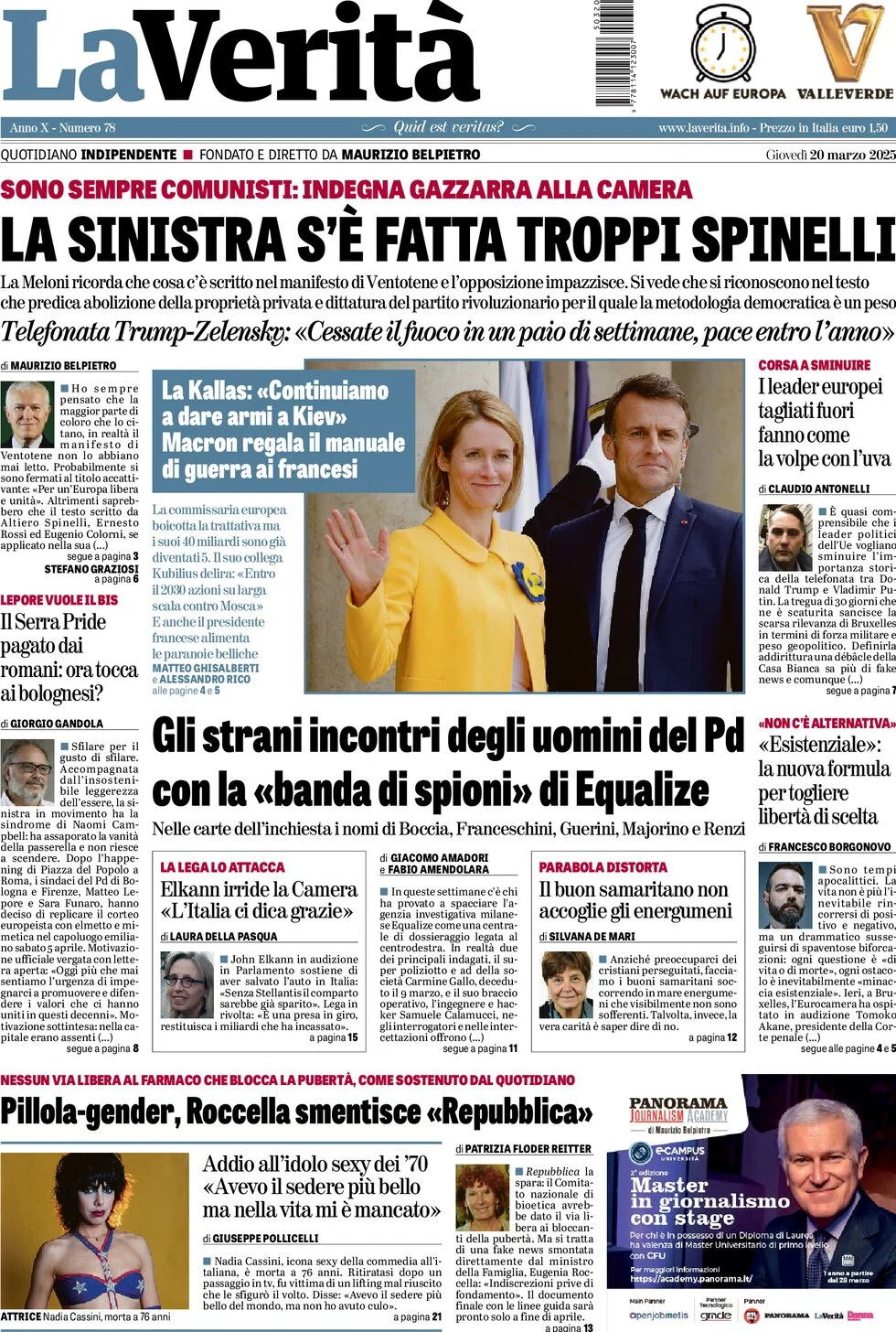 anteprima della prima pagina di la-verit del 20/03/2025