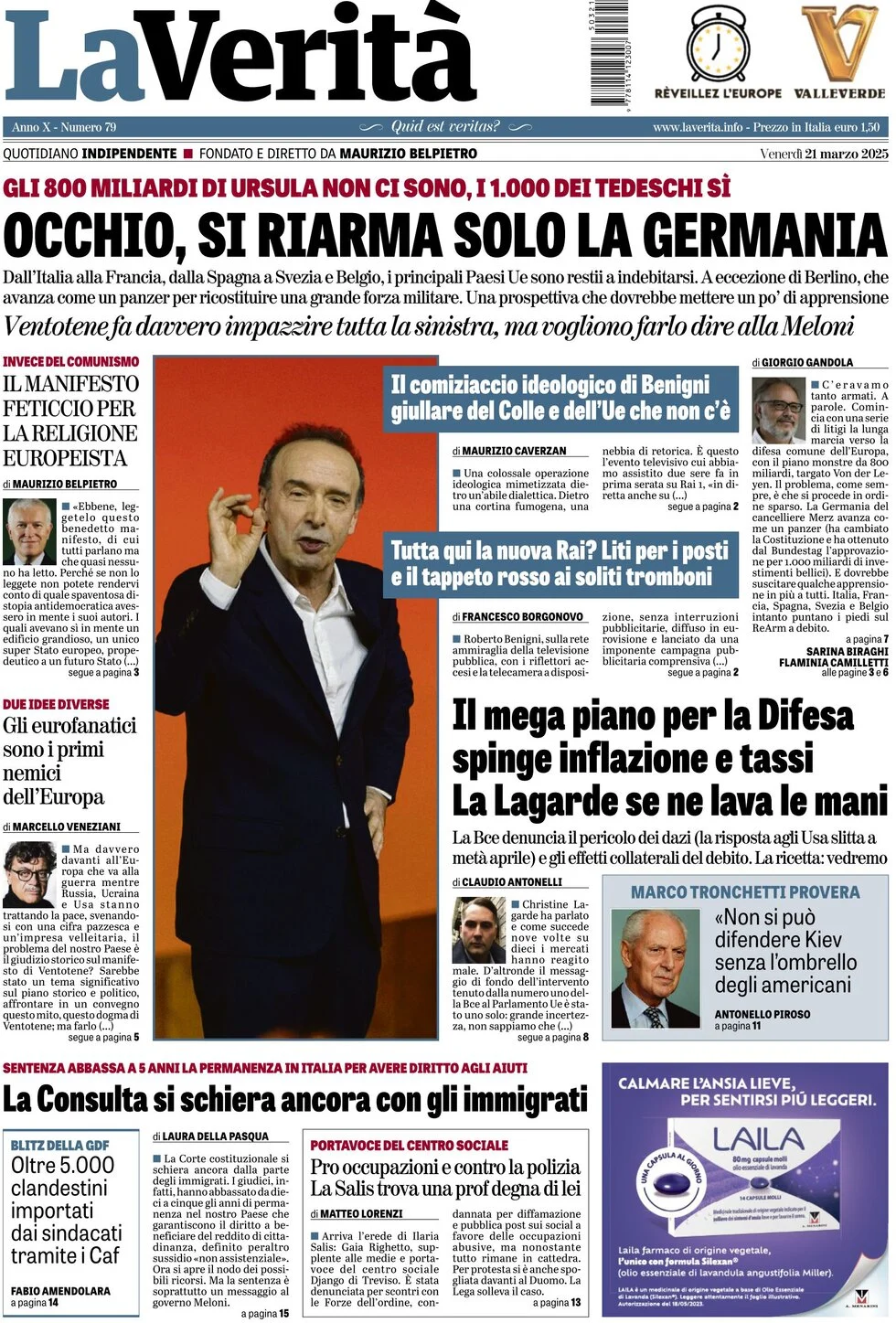 anteprima della prima pagina di la-verit del 21/03/2025