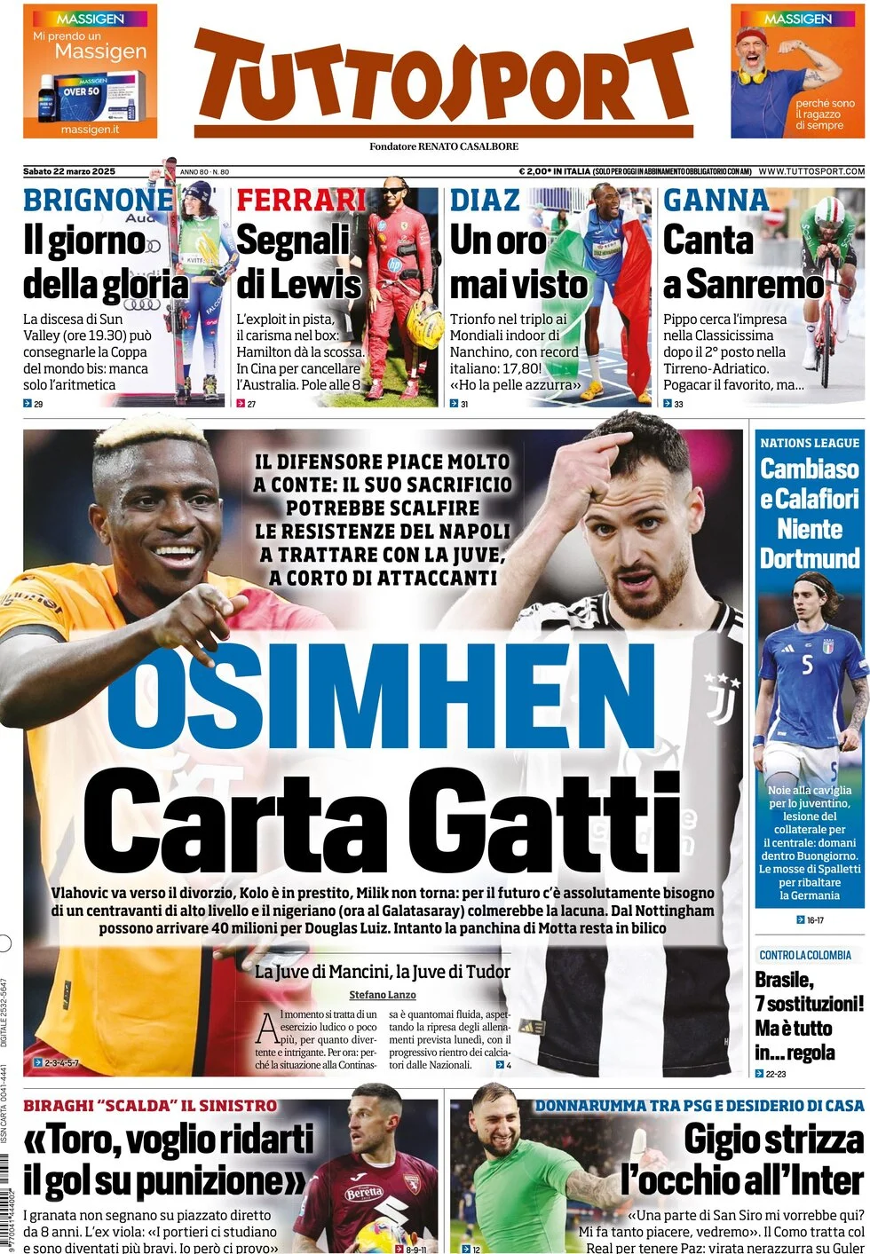 prima pagina - Tuttosport del 22/03/2025