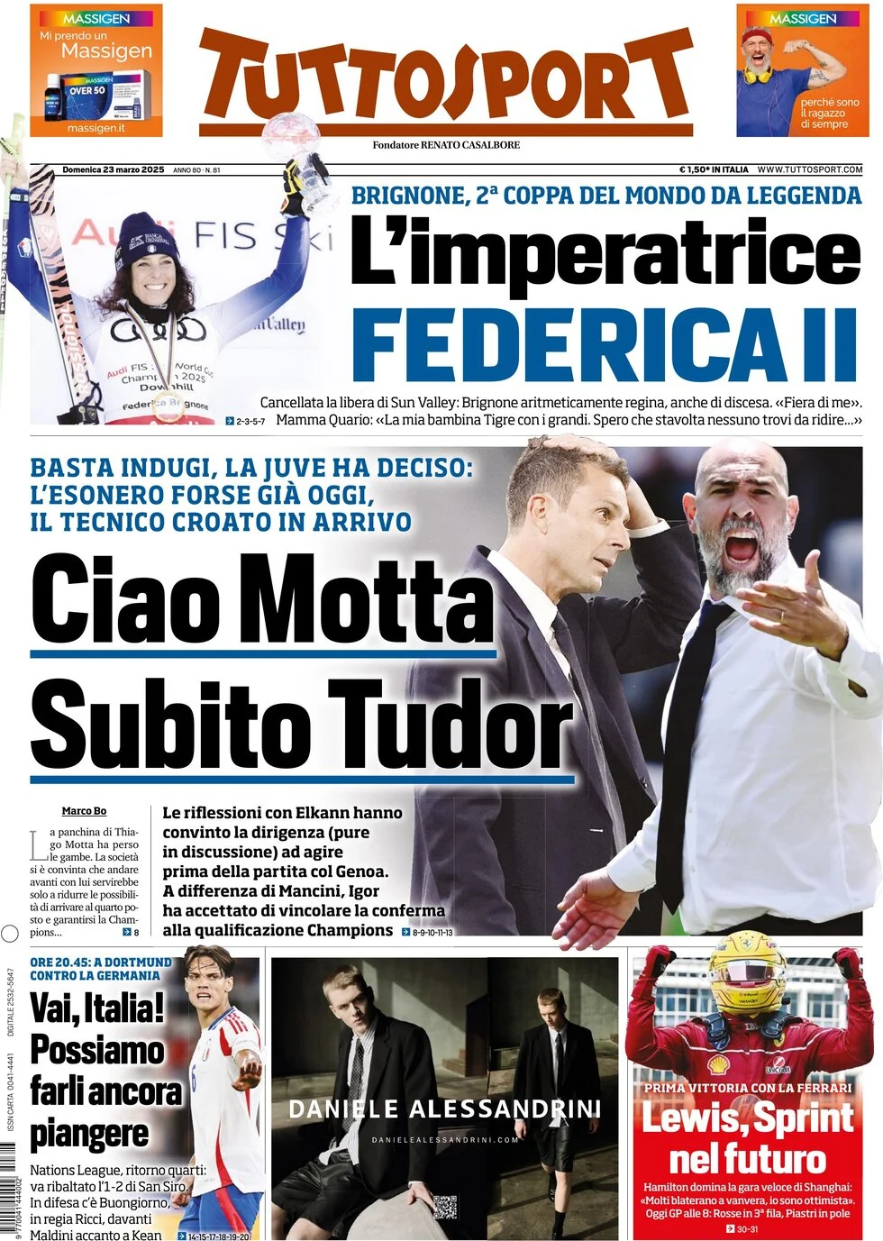anteprima della prima pagina di tuttosport del 23/03/2025