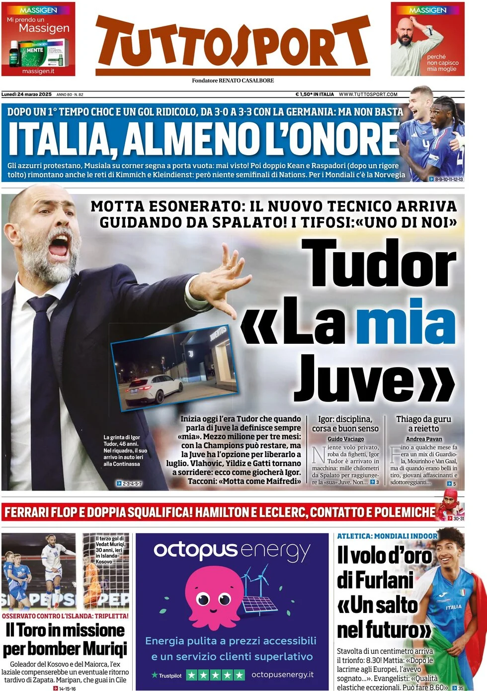 anteprima della prima pagina di tuttosport del 24/03/2025