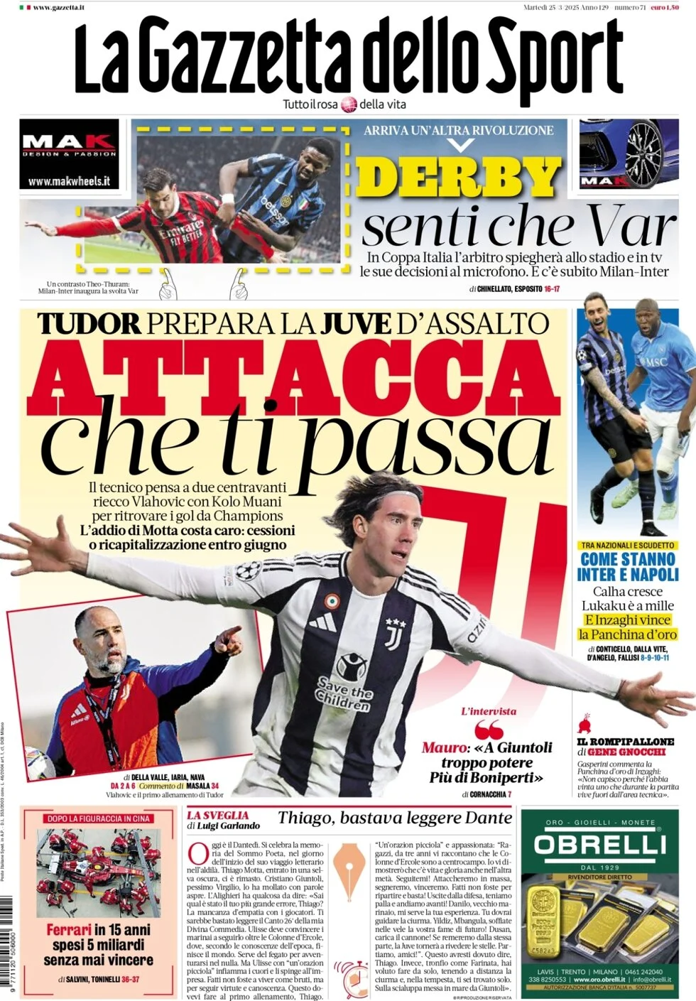 anteprima della prima pagina di la-gazzetta-dello-sport del 25/03/2025