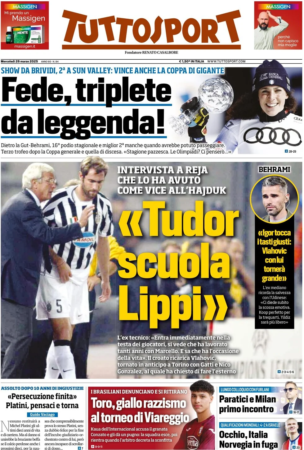 anteprima della prima pagina di tuttosport del 26/03/2025